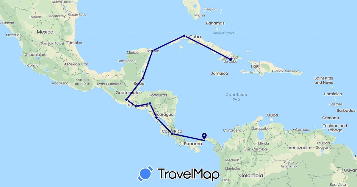 TravelMap itinerary: driving in Belize, Costa Rica, Cuba, Guatemala, Honduras, Mexico, Nicaragua, Panama, El Salvador (North America)